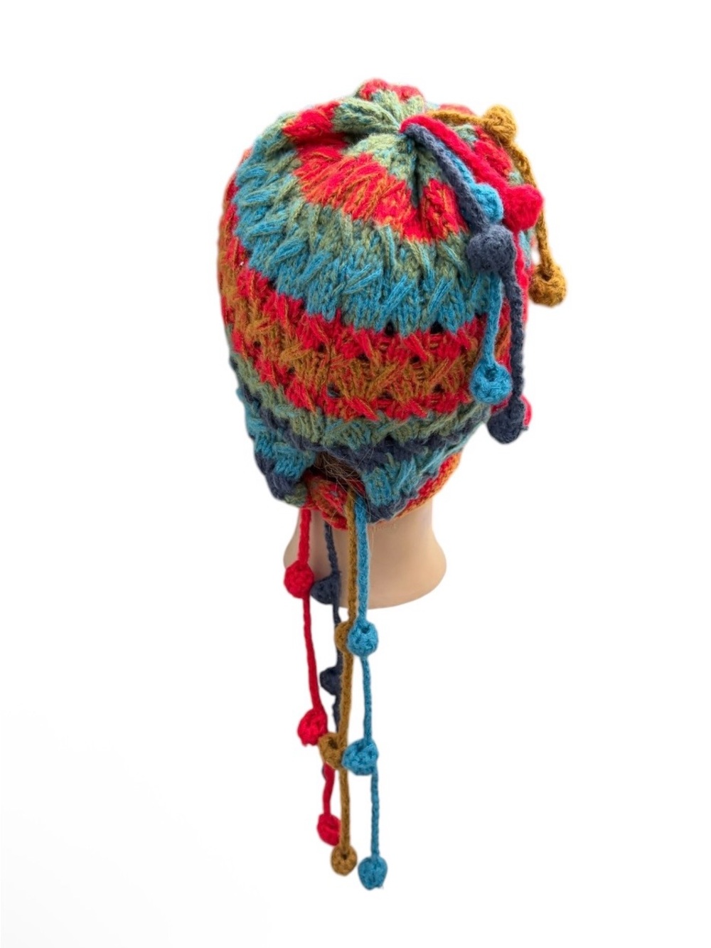 Handmade woven knit rainbow stripes fringe ponytail winter hat